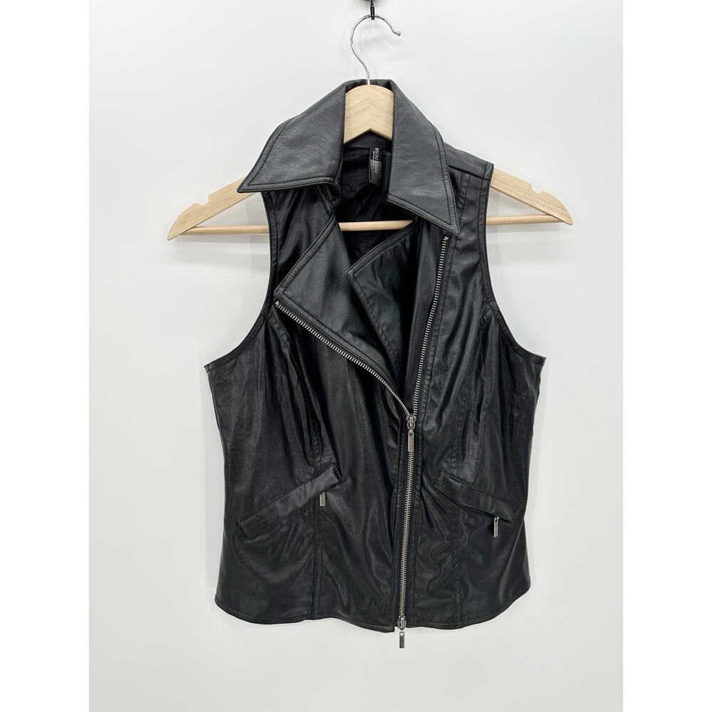 Bisou Bisou Faux Leather Vest Women Small Full Zip Collar Sleeveless Biker